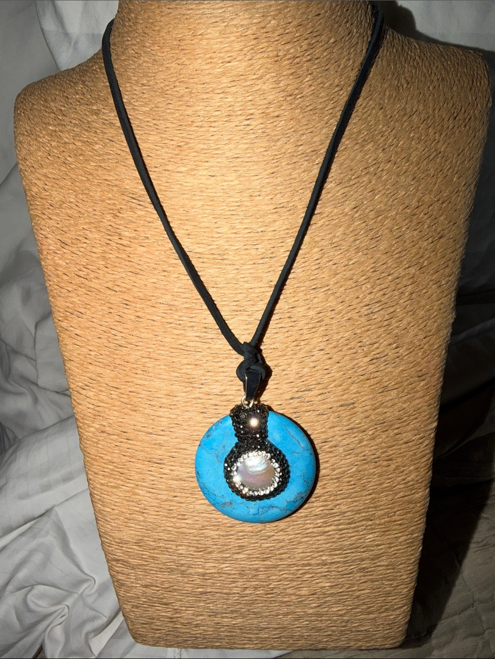 Pendant black leather cord baroque fresh water pearl crystal embellishments